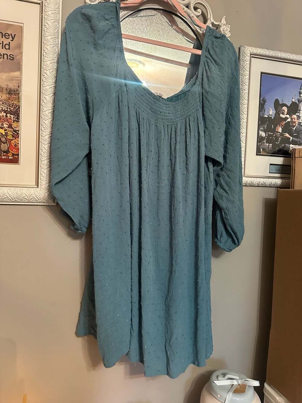 Chic Soul Teal Swiss Dot Smocked Blouson Sleeve Mini Dress